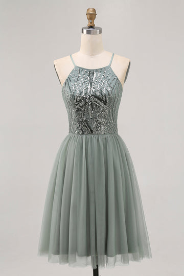 Grey Green Halter A Line Tulle Homecoming Dress with Sequins